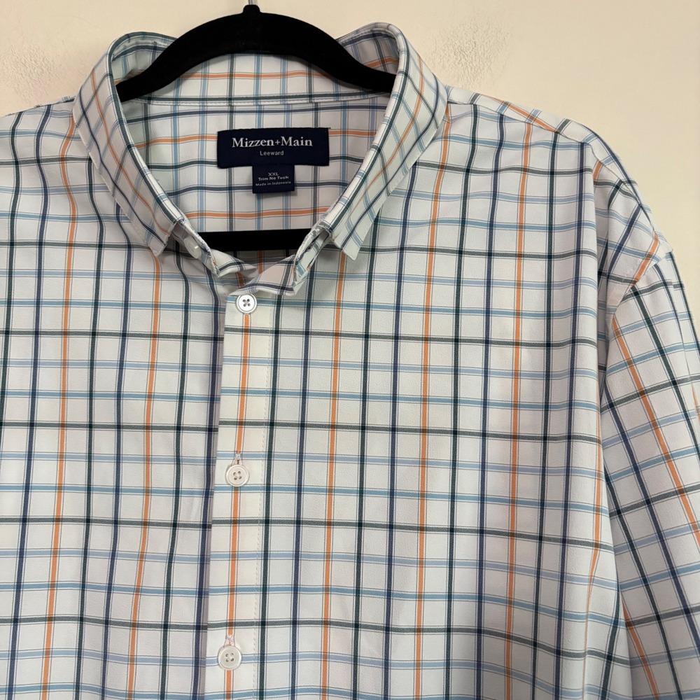 Mizzen+Main Leeward Performance Dress Shirt‎ XXL Trim No Tuck Blue Orange Plaid
